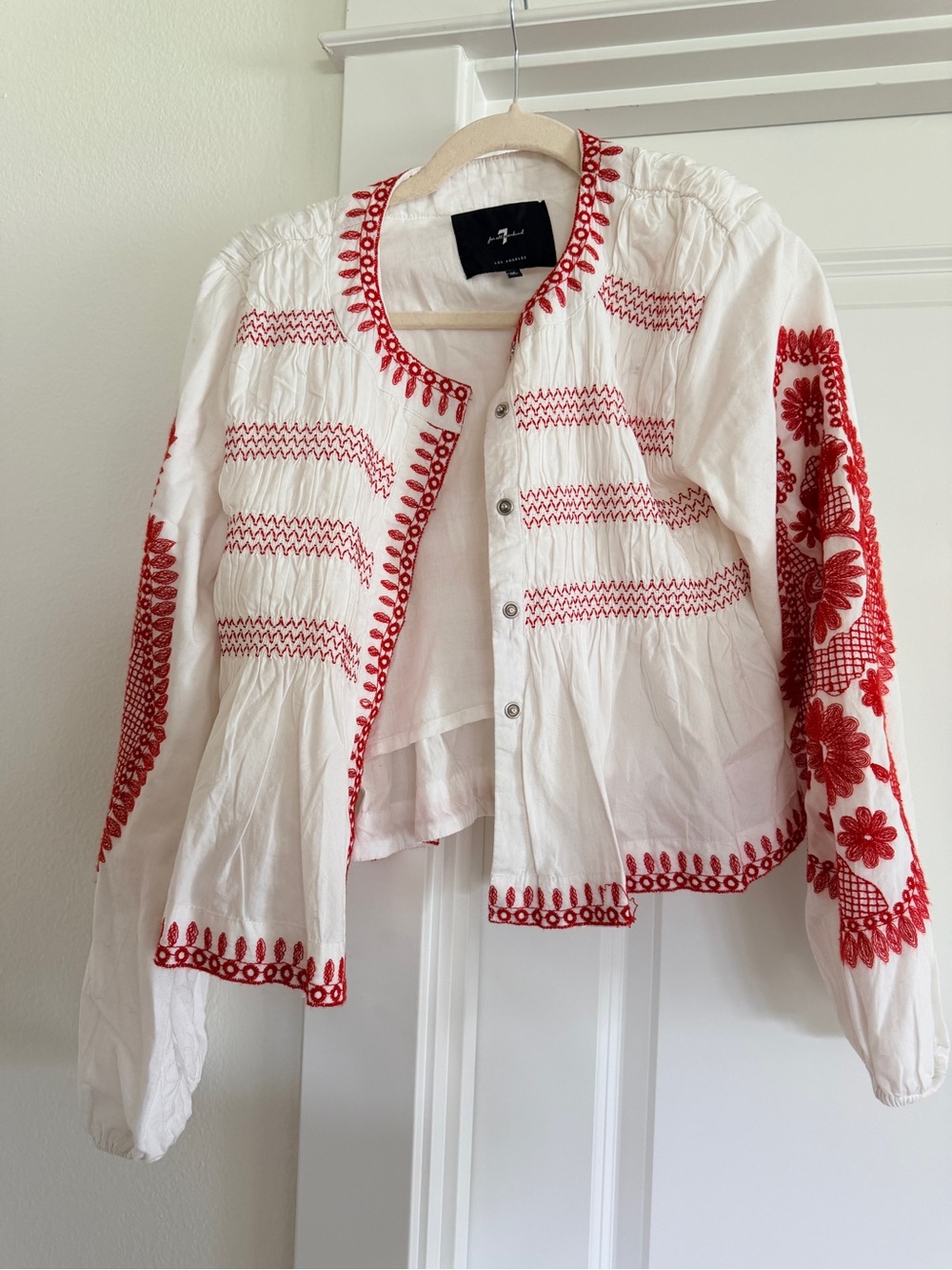 7 For All Mankind White snap button top with Red Embroidery